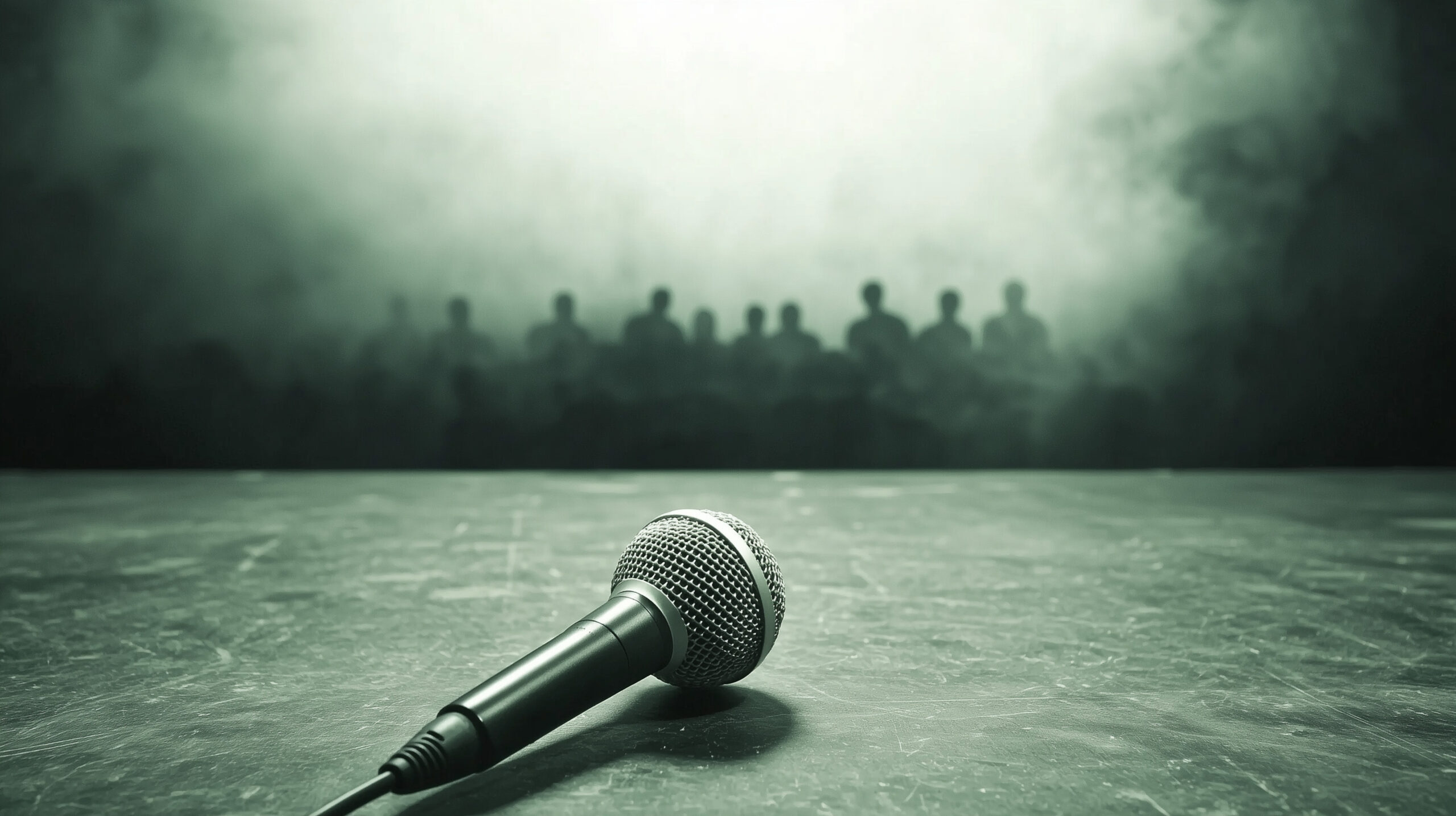 Abandoned Microphone: A solitary microphone sits on a desolate stage, facing a shadowy, indistinct audience. The atmosphere is eerie, hinting at untold stories and unanswered questions.